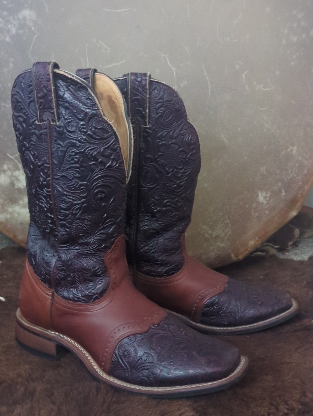 BOULET #2050 hand tooled Ranger Chestnut leather cowboy boots square toe sz 10